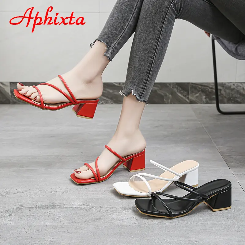 Aphixta 2025 New 4.5cm Red Low Square Heels Slides Women Simple Peep Toe Flip Flops Cool Summer Slippers Sandals Elegant Shoes