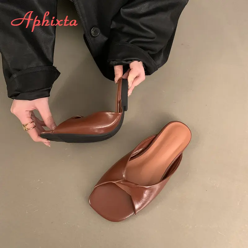 Aphixta Brown Concise Slides Wome Summer Beach Shoes Flat With Heel Slippers Shoes Woman Square Toe Mulers Outside Woman Shoes