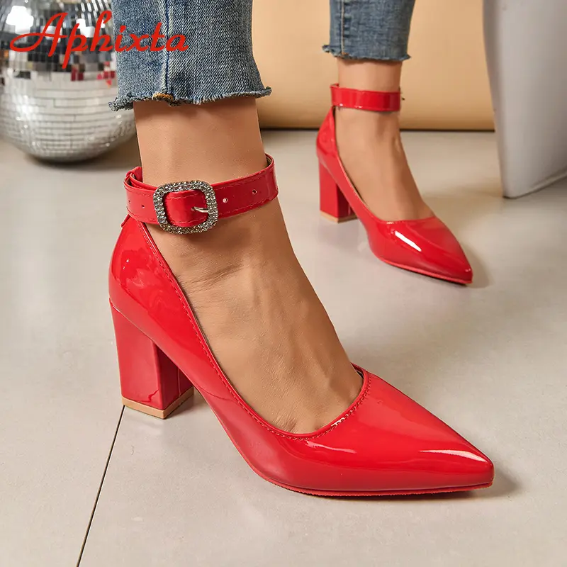 Aphixta Crystals Buckle Pimp Strap Patent Leather 7cm Chunky Heels Official Pumps 2cm Belt Buckle Pointed Toe Women Shoes