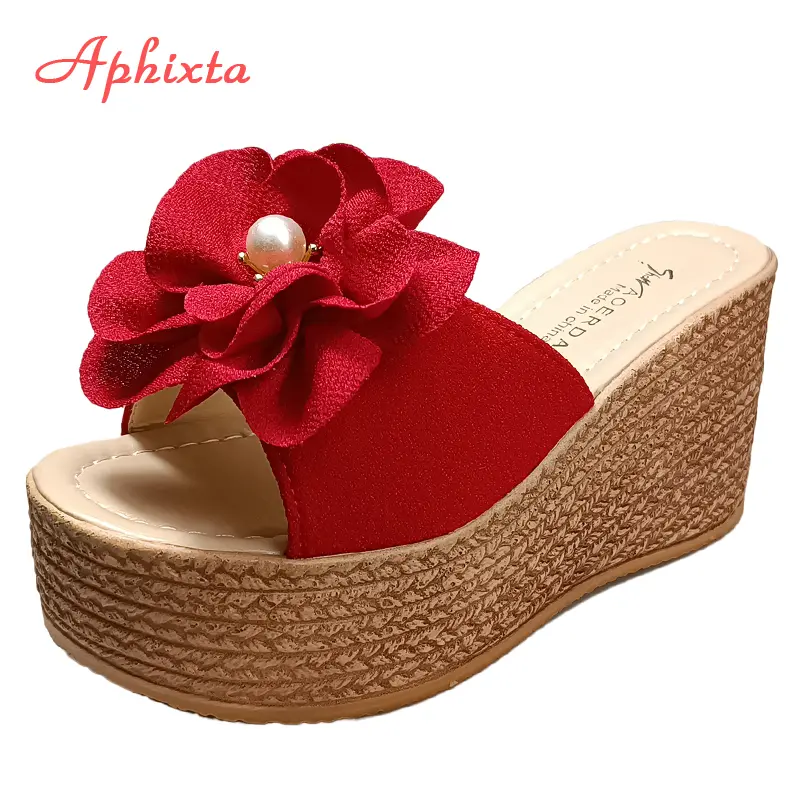 Aphixta 9cm Heels Slides Pearl Crystals Appliques Shoes Woman Slippers Flip Flops Wedge Heel Platform Woman Beach Zapatos Mujer