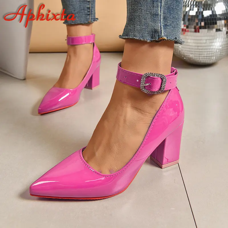 Aphixta Crystals Buckle Pimp Strap Patent Leather 7cm Chunky Heels Official Pumps 2cm Belt Buckle Pointed Toe Women Shoes