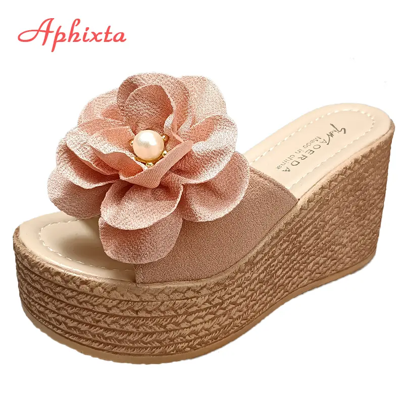 Aphixta 9cm Heels Slides Pearl Crystals Appliques Shoes Woman Slippers Flip Flops Wedge Heel Platform Woman Beach Zapatos Mujer