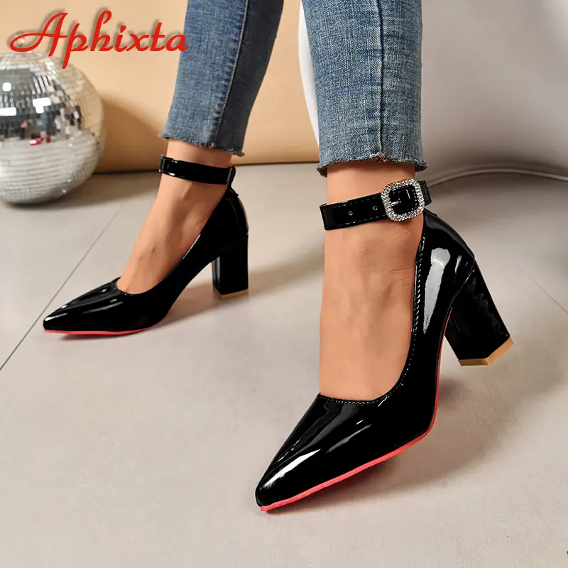 Aphixta Crystals Buckle Pimp Strap Patent Leather 7cm Chunky Heels Official Pumps 2cm Belt Buckle Pointed Toe Women Shoes