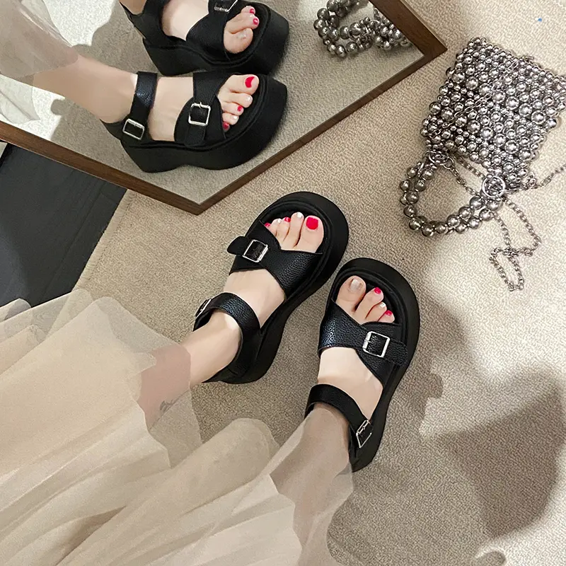 Aphixta Summer Cool Transparent Platform Shoes Women Sandals Height Increaming Buckle Thick Soled Beach Slides Plus Size 43