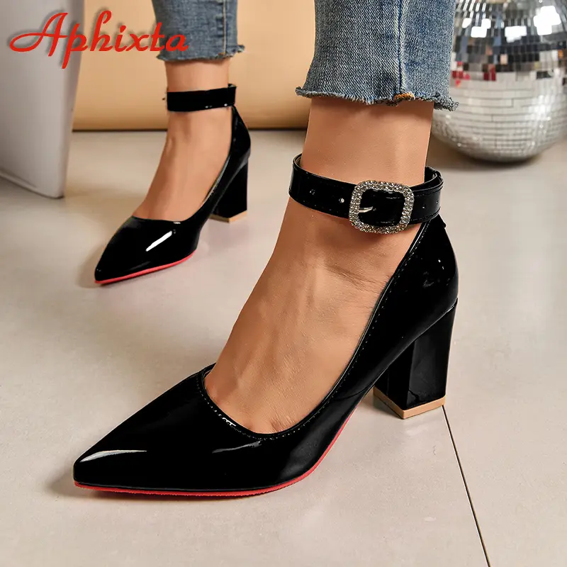 Aphixta Crystals Buckle Pimp Strap Patent Leather 7cm Chunky Heels Official Pumps 2cm Belt Buckle Pointed Toe Women Shoes