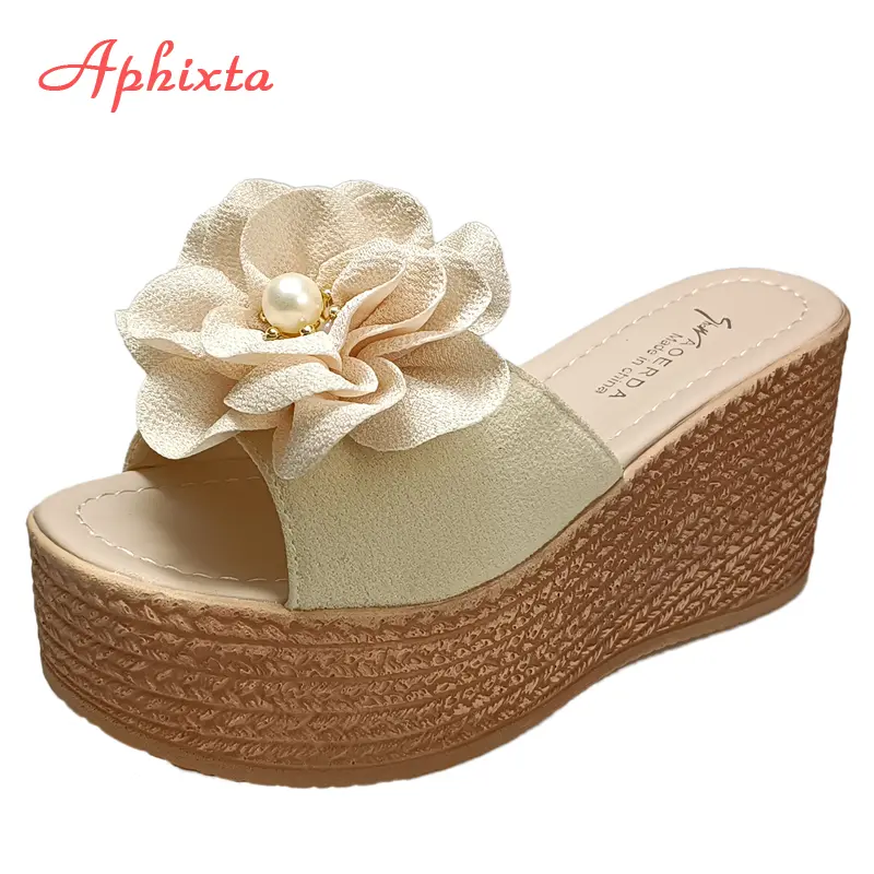 Aphixta 9cm Heels Slides Pearl Crystals Appliques Shoes Woman Slippers Flip Flops Wedge Heel Platform Woman Beach Zapatos Mujer