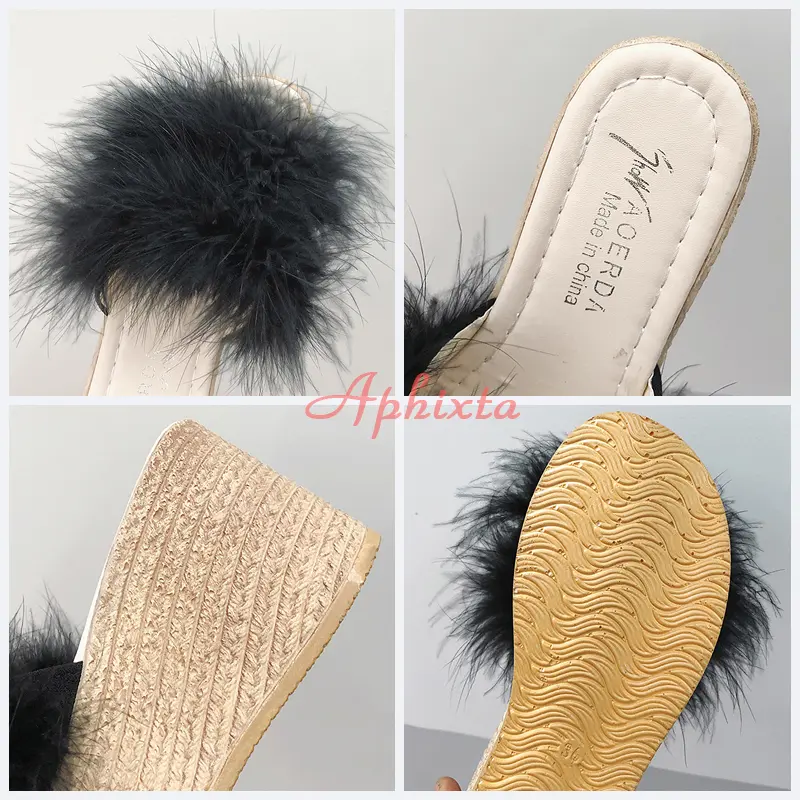 Aphixta 9cm Heels Slides Women's Shoes Woman Slippers Faux Fur Slides Wedge Platform Women Shoes Beach Sandals Zapatos Mujer