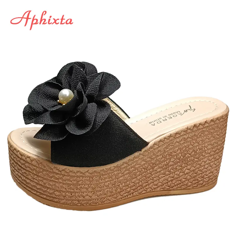 Aphixta 9cm Heels Slides Pearl Crystals Appliques Shoes Woman Slippers Flip Flops Wedge Heel Platform Woman Beach Zapatos Mujer