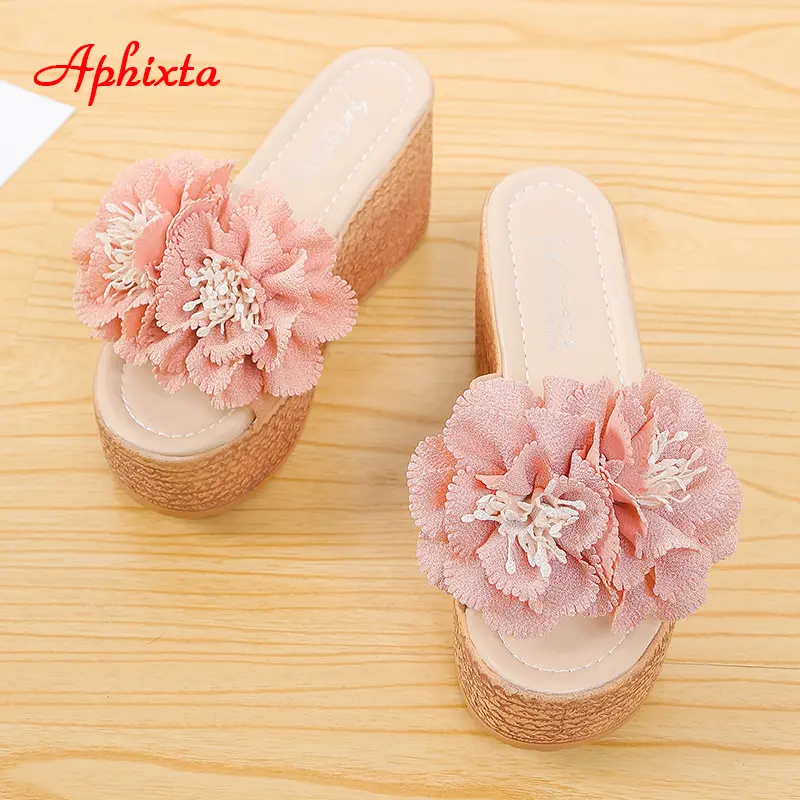 Aphixta 3.54 Inch Wedge Heel Women's Slides Cotton Fabrics Appliques Shoes Slippers Flip Flops Platform Beach Plus Size 42 43