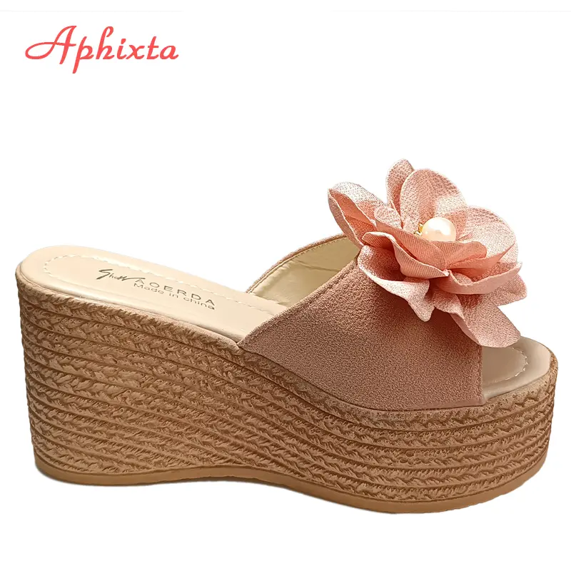Aphixta 9cm Heels Slides Pearl Crystals Appliques Shoes Woman Slippers Flip Flops Wedge Heel Platform Woman Beach Zapatos Mujer