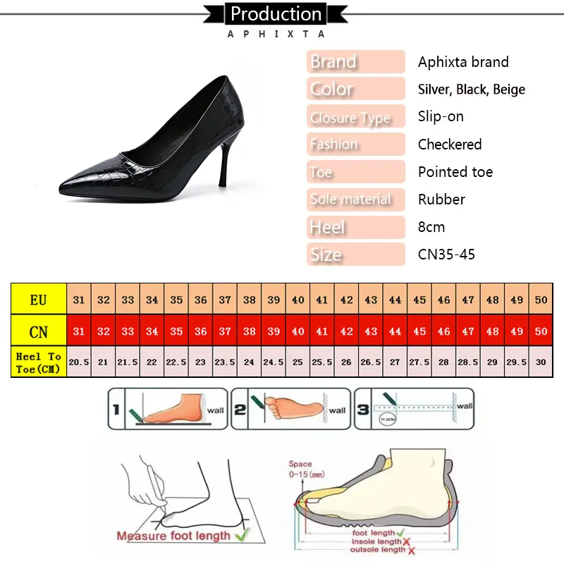 Aphixta Checkered Silver 8cm High Heels Elegant Stiletto Heel Pumps Women Shoes Pointed Toe Shallow Party Shoes For Woman Size45