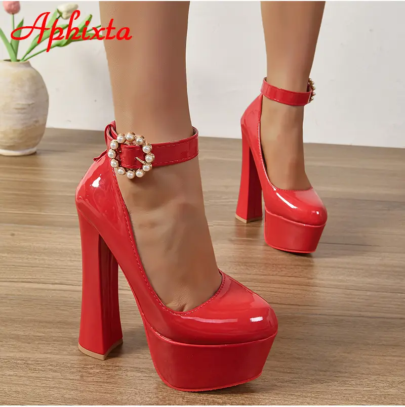 Aphixta Disco Dance 2cm Pearl Belt Buckle Round Pumps 5.5cm Platform Hot Sale Party 16cm High Chunky Heels Shoes Women