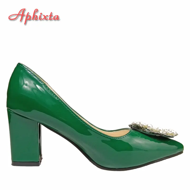 Aphixta New Dark Green Pearl Buckle Patent Leather Women's Pumps 7cm Square Heel Officile Pointed Toe Shoes Super Big Size 49 50