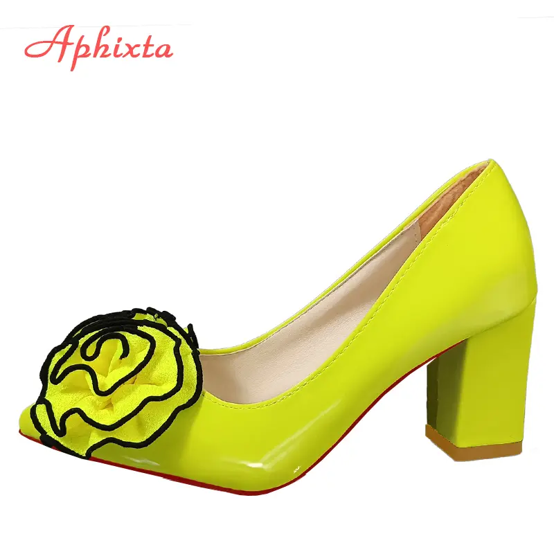 Aphixta Fashion Hot Sale Big Rose Flowers 7cm Chunky Heels Pumps Women Shoes Pointed Toe Appliques Pumps Super Big Size 35-53
