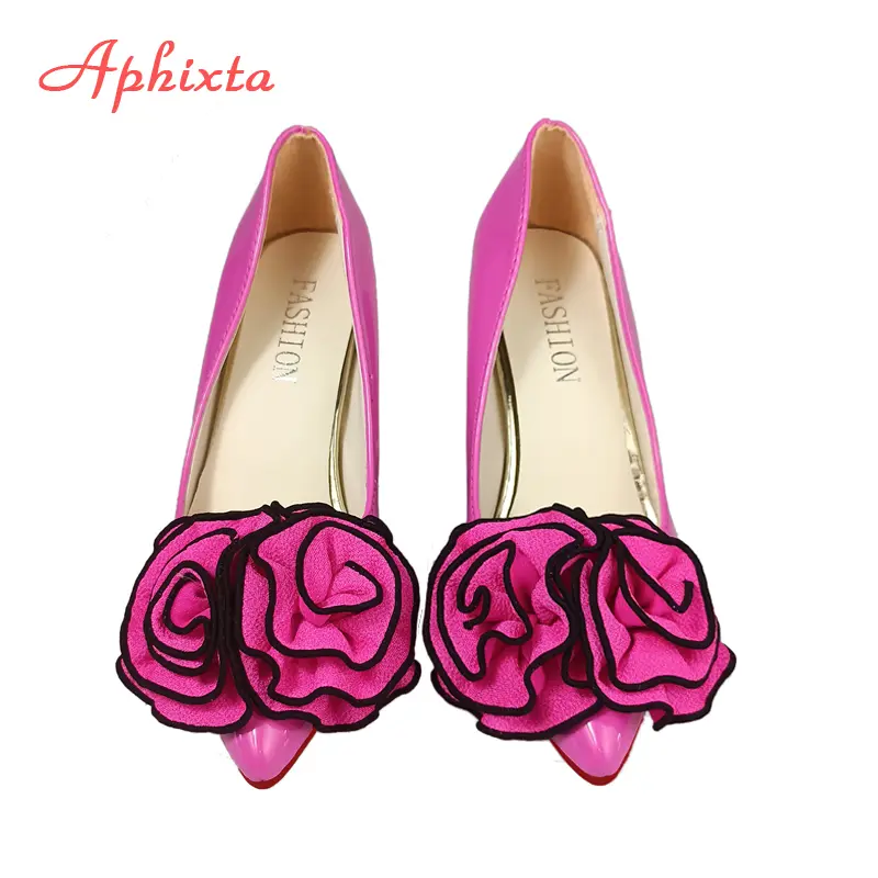 Aphixta Fashion Hot Sale Big Rose Flowers 7cm Chunky Heels Pumps Women Shoes Pointed Toe Appliques Pumps Super Big Size 35-53