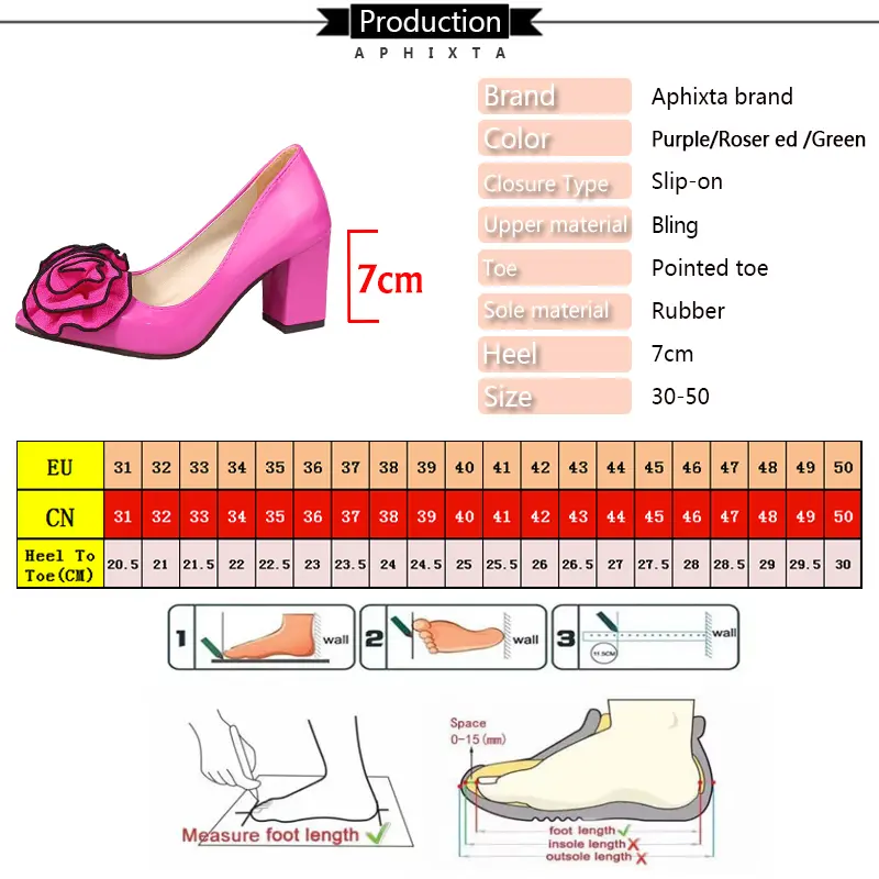 Aphixta Fashion Hot Sale Big Rose Flowers 7cm Chunky Heels Pumps Women Shoes Pointed Toe Appliques Pumps Super Big Size 35-53
