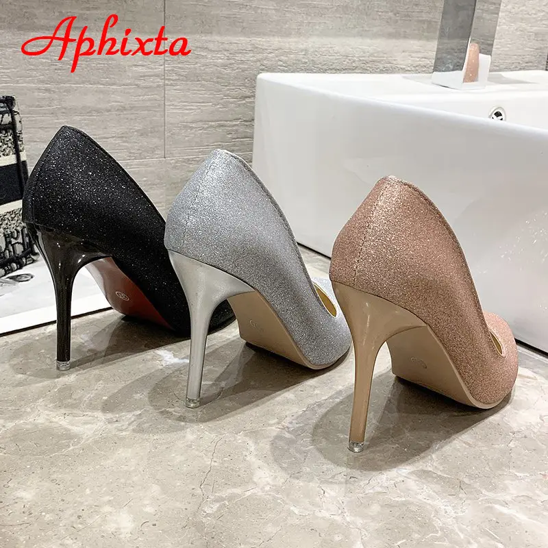 Aphixta New Bling Sequined Leather Shoes Women High 10cm Thin Heel Pointed Toe Wedding Official Pumps Woman Big Size 49 50