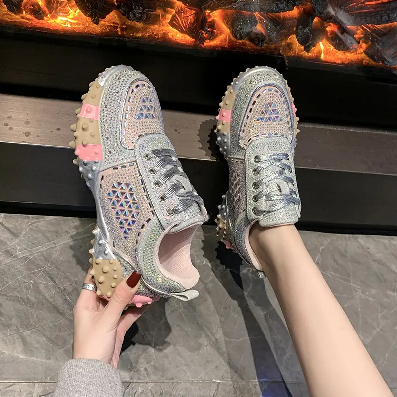 Aphixta Luxury Bling Sequine Sneaker Boots Spring Autumn Fashion Lace Up Women Shoes Thick Botton Rubber Sole Footwear Size43