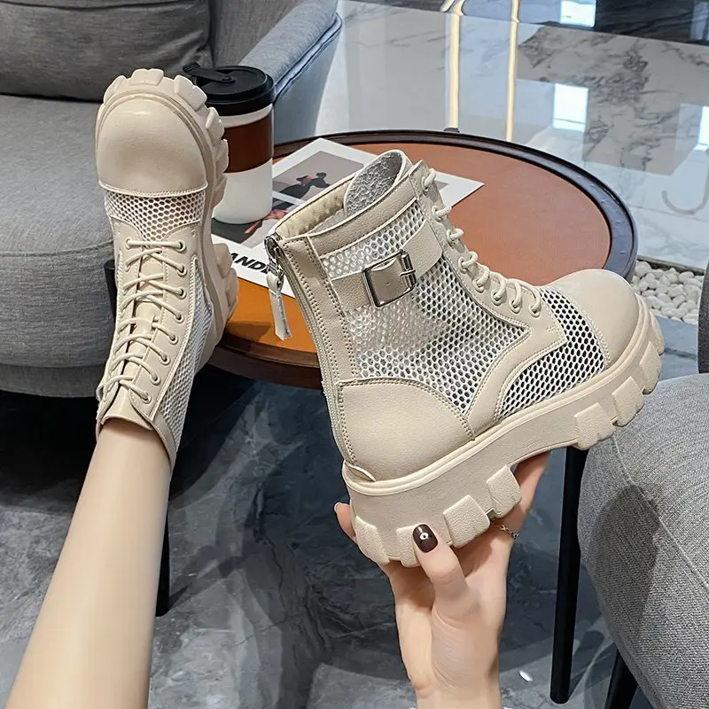 Aphixta 6cm Thick Sole Summer Breathable Platform Boots Women Buckle Big Size 43 Lace-up Waterproof Height Increasing Boots