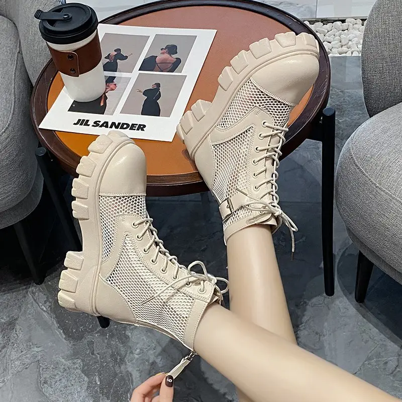 Aphixta 6cm Thick Sole Summer Breathable Platform Boots Women Buckle Big Size 43 Lace-up Waterproof Height Increasing Boots