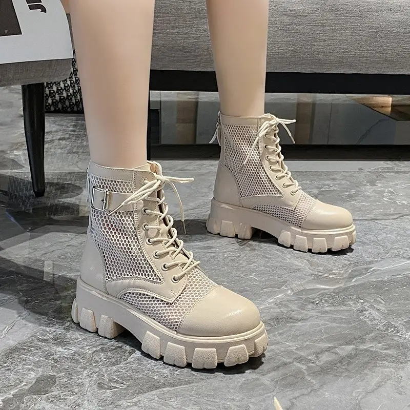 Aphixta 6cm Thick Sole Summer Breathable Platform Boots Women Buckle Big Size 43 Lace-up Waterproof Height Increasing Boots