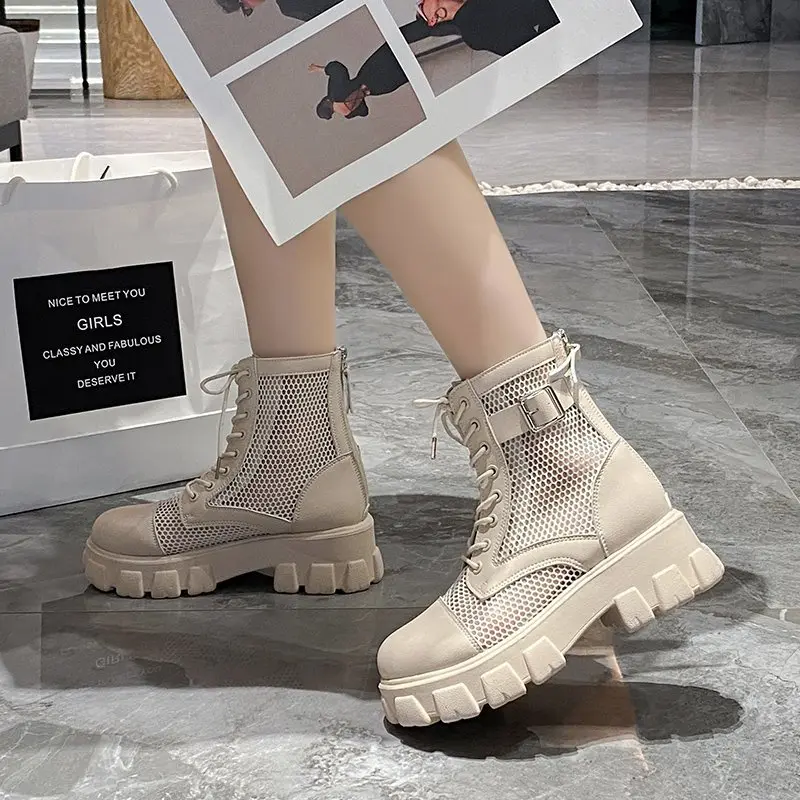 Aphixta 6cm Thick Sole Summer Breathable Platform Boots Women Buckle Big Size 43 Lace-up Waterproof Height Increasing Boots