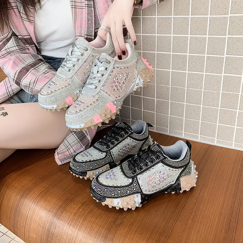 Aphixta Luxury Bling Sequine Sneaker Boots Spring Autumn Fashion Lace Up Women Shoes Thick Botton Rubber Sole Footwear Size43