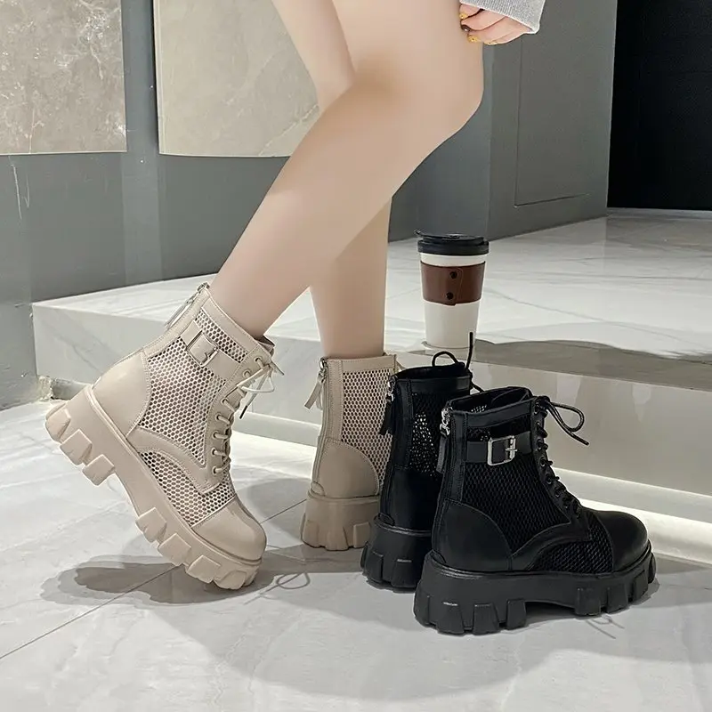 Aphixta 6cm Thick Sole Summer Breathable Platform Boots Women Buckle Big Size 43 Lace-up Waterproof Height Increasing Boots