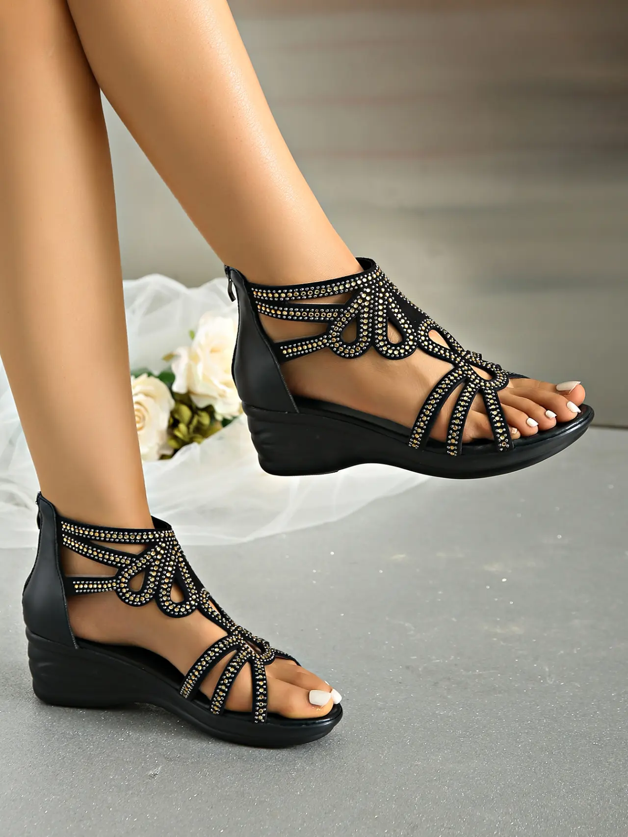 Aphixta Fashion Woman Gladiator Sandals Zip Close Peep Toe Women Summer Hollow Shoes Black Color Ladies Wedge Shoes Big Size 43