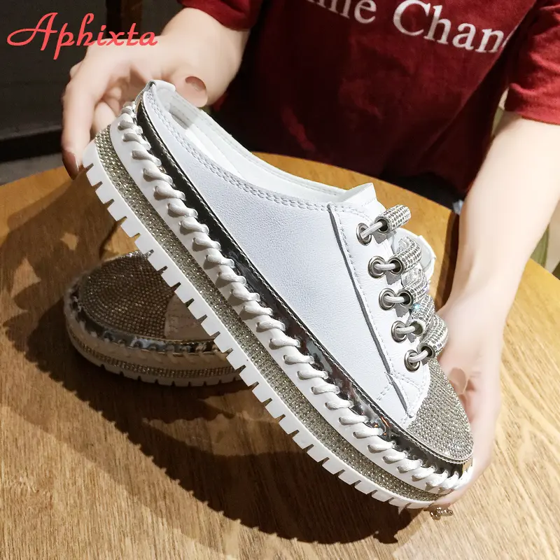 Aphixta ;uxury New Flat Platform Half Slippers Women Summer Couple Bling Mules Crystals Lace-up Shoes Slides Plus Size 42 43