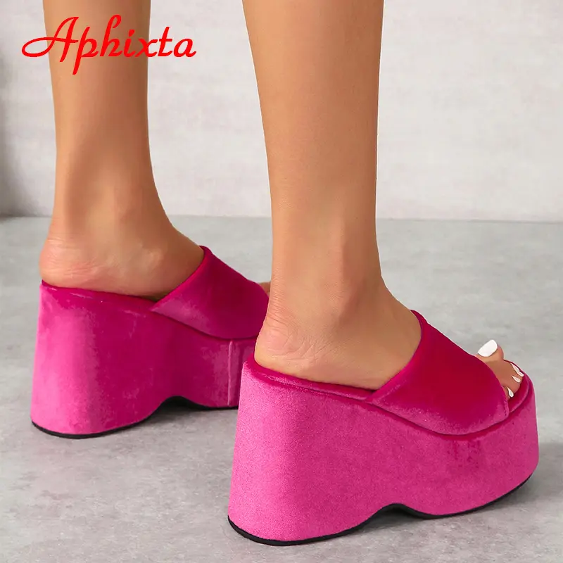 Aphixta 2025 Summer Thick Sole Slides Platform Women's Shoes Rose Red Stretch Fabric Silk Flip Flops Wedge Shoes Beach Slippers