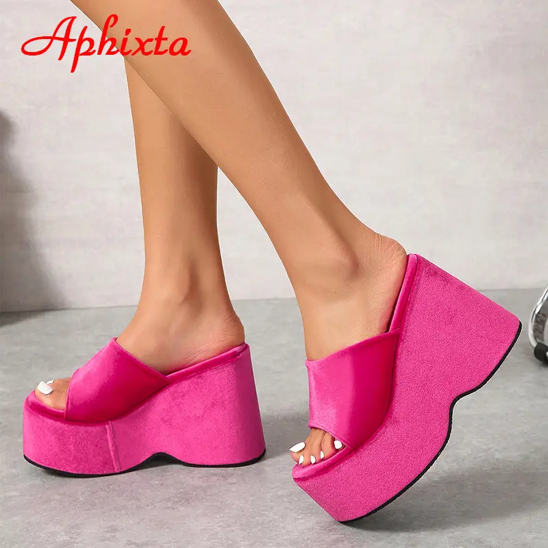 Aphixta 2025 Summer Thick Sole Slides Platform Women's Shoes Rose Red Stretch Fabric Silk Flip Flops Wedge Shoes Beach Slippers