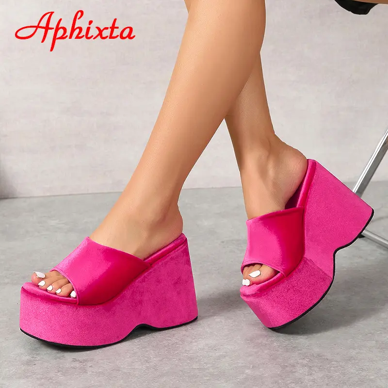 Aphixta 2025 Summer Thick Sole Slides Platform Women's Shoes Rose Red Stretch Fabric Silk Flip Flops Wedge Shoes Beach Slippers