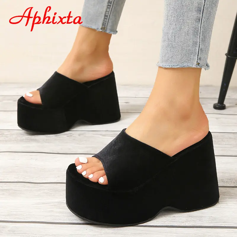Aphixta 2025 Summer Thick Sole Slides Platform Women's Shoes Rose Red Stretch Fabric Silk Flip Flops Wedge Shoes Beach Slippers