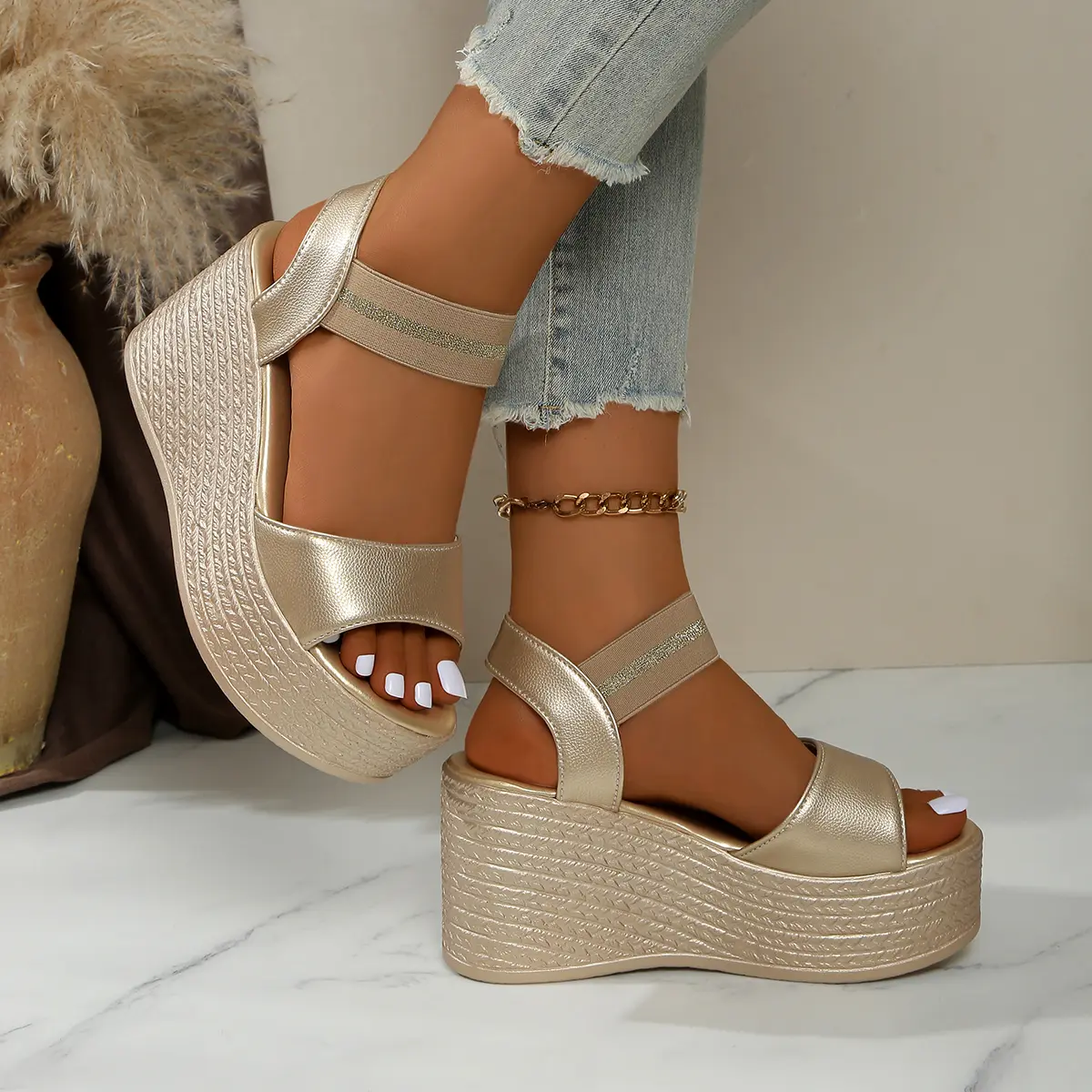 Aphixta Wedge Sandals Peep Toe Elastic Band Shoes Woman Platform Fashion 9cm Golden Summer Super High Heel Shoes Female Sandal
