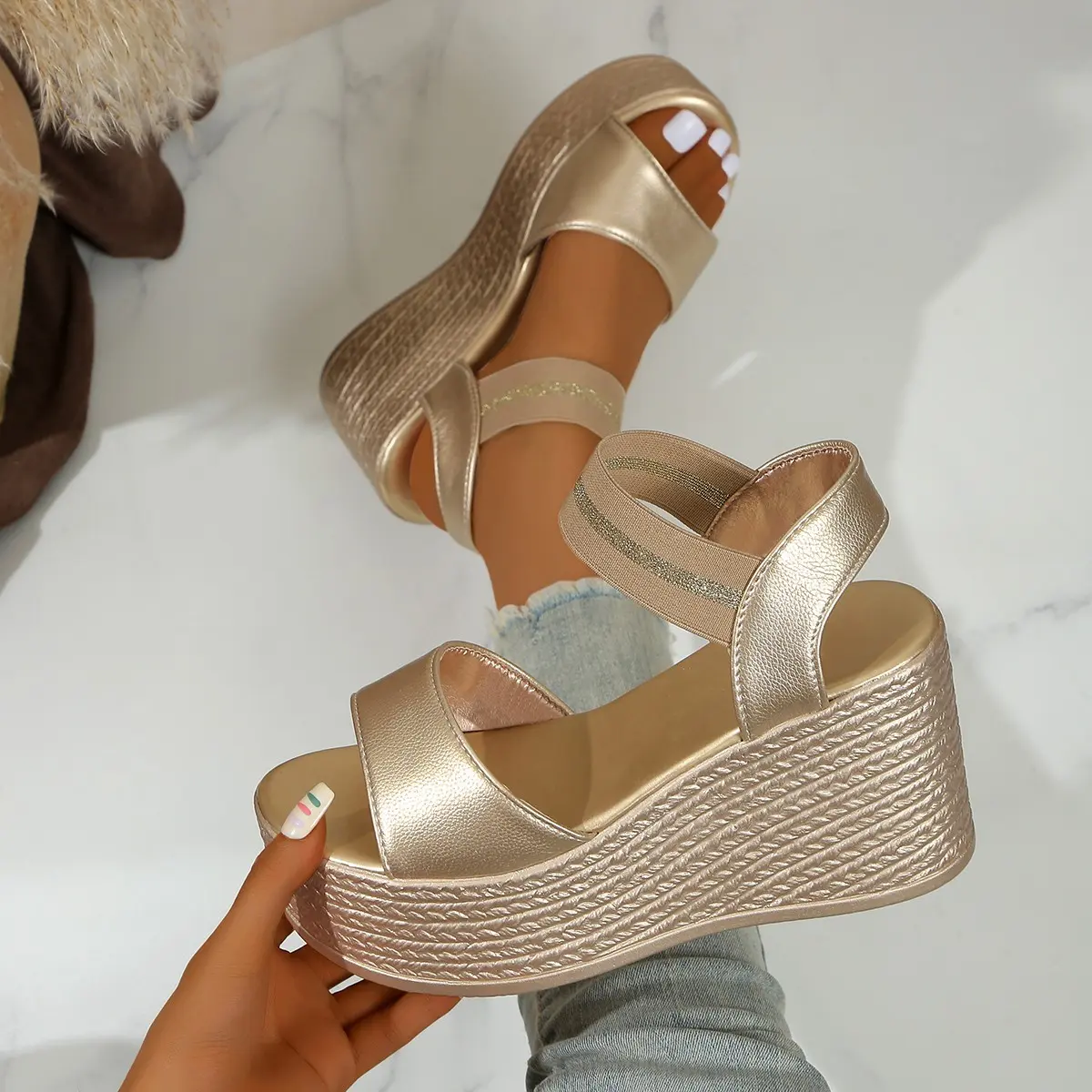 Aphixta Wedge Sandals Peep Toe Elastic Band Shoes Woman Platform Fashion 9cm Golden Summer Super High Heel Shoes Female Sandal
