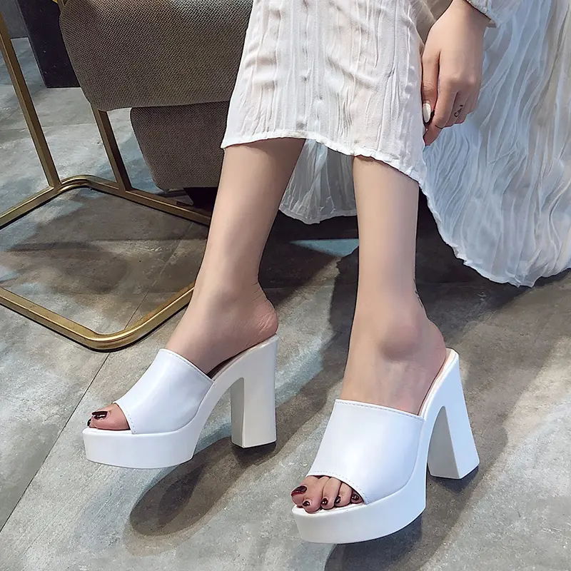 Aphixta 2025 Summer 7cm Chunky Heels Slides Women Mules White Design Platform Slippers Sandal Cool Peep Toe Shoes Female