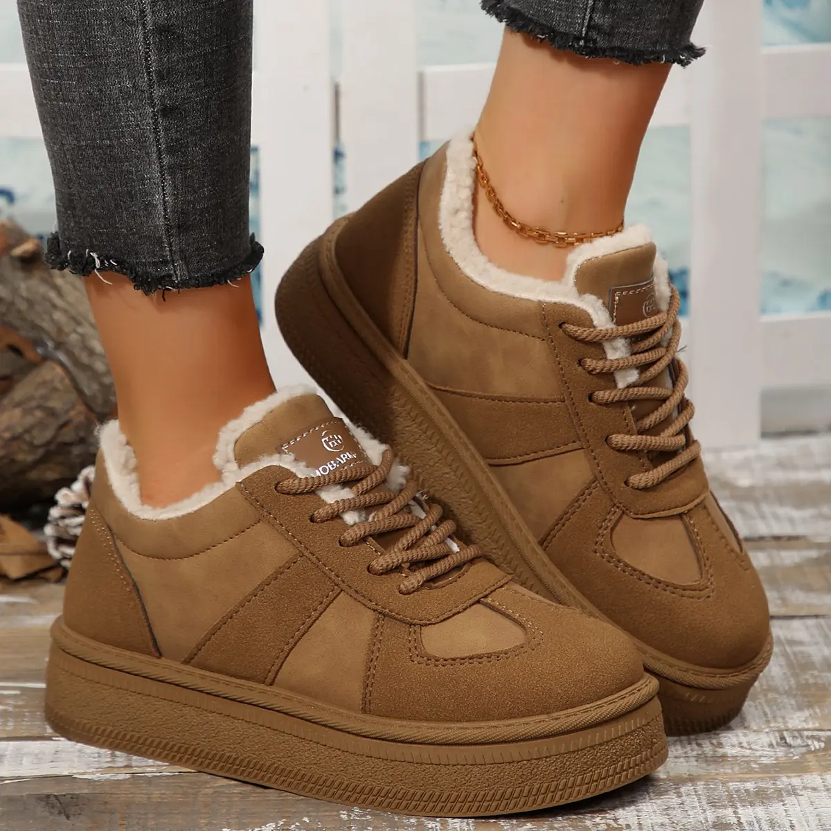 Aphixta Brown Winter Boots Platform Furry Women Ankle Boots Long Plush Lace Up Warm Shoes botas mujer botines Big Size 41