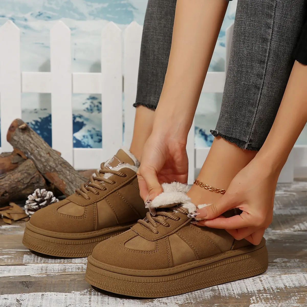 Aphixta Brown Winter Boots Platform Furry Women Ankle Boots Long Plush Lace Up Warm Shoes botas mujer botines Big Size 41