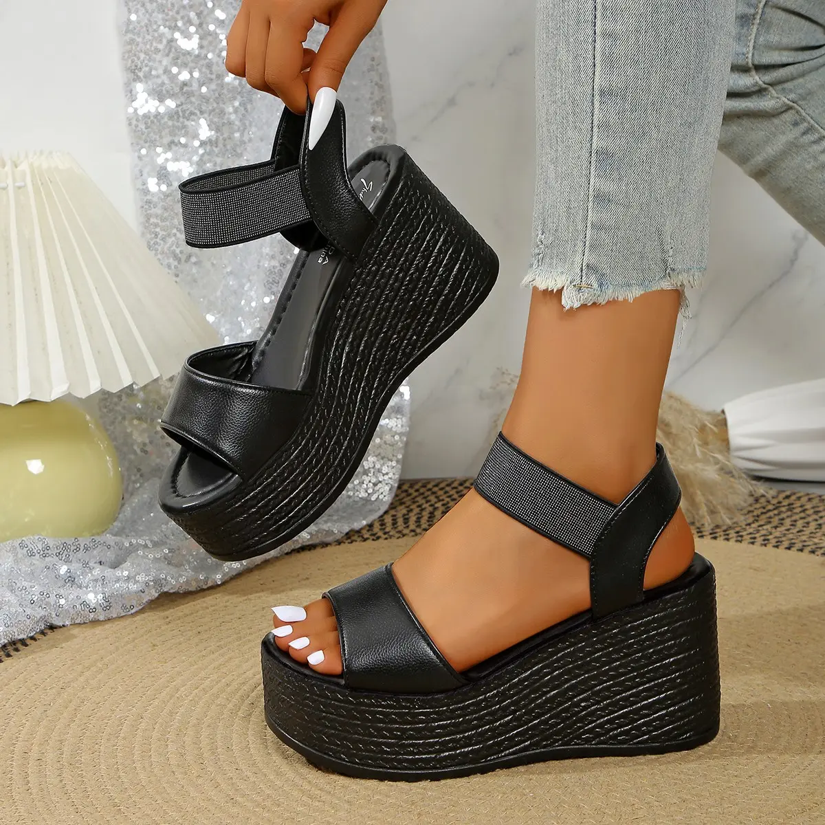 Aphixta Wedge Sandals Peep Toe Elastic Band Shoes Woman Platform Fashion 9cm Golden Summer Super High Heel Shoes Female Sandal