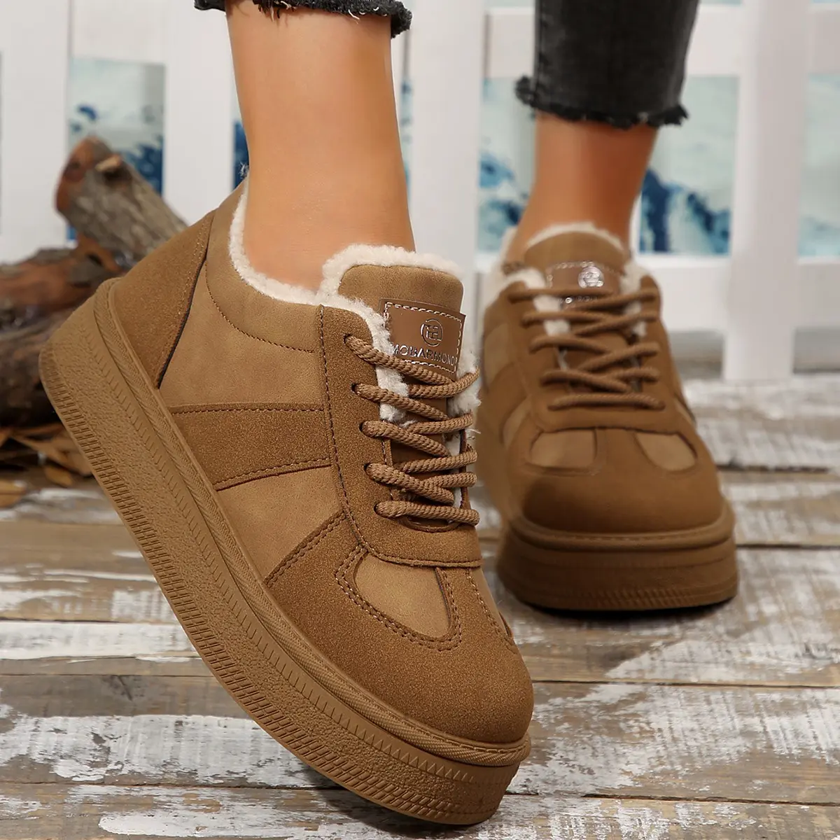 Aphixta Brown Winter Boots Platform Furry Women Ankle Boots Long Plush Lace Up Warm Shoes botas mujer botines Big Size 41