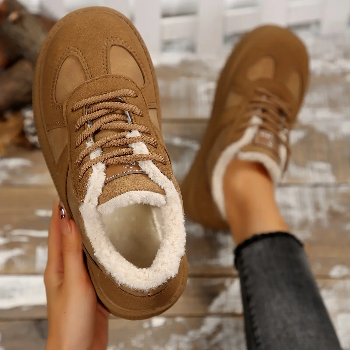 Aphixta Brown Winter Boots Platform Furry Women Ankle Boots Long Plush Lace Up Warm Shoes botas mujer botines Big Size 41