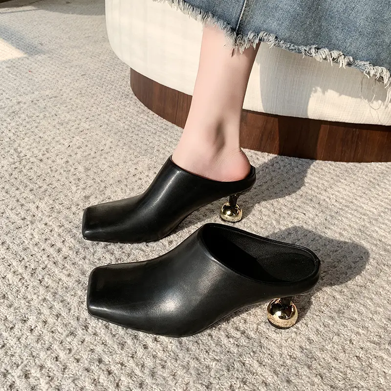 Aphixta 6.5cm High Heels Elegant Women Slides Square Toe Shallow Summer Dress Slides Sexy Metal Strange Style Heels Shoes Size42