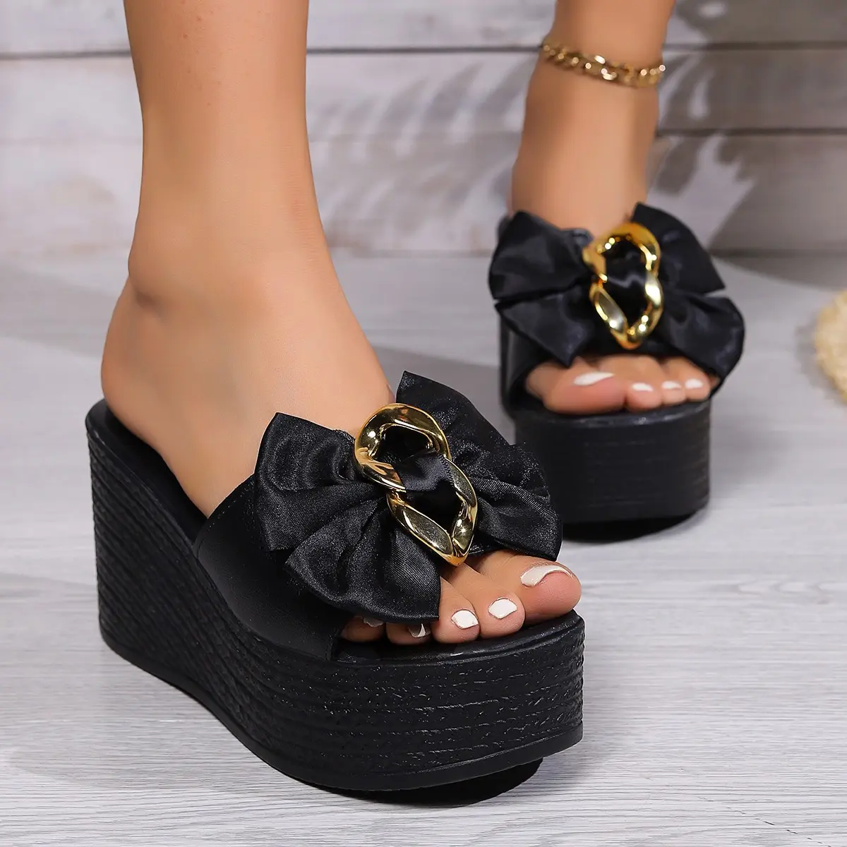 Aphixta Black Summer 9cm Wedge Heels Slippers Women Metal Bow Mulers Platform Sandals Clog Shoe Slides Plus Size 43
