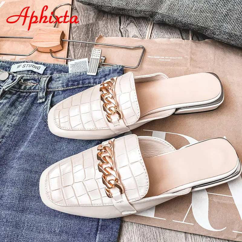Aphixta 2025 New Chain Mules Women Slides Square Toe Ladies Striped Shoes Summer Fashion Footwear Plus Big Size 43 Slippers