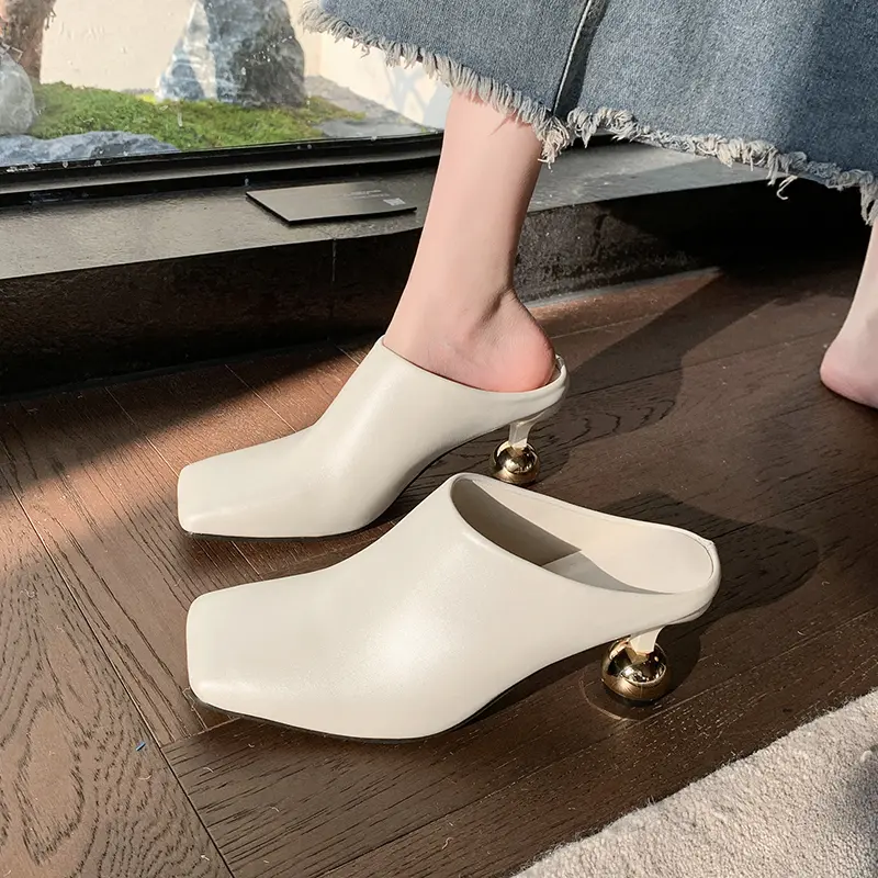 Aphixta 6.5cm High Heels Elegant Women Slides Square Toe Shallow Summer Dress Slides Sexy Metal Strange Style Heels Shoes Size42