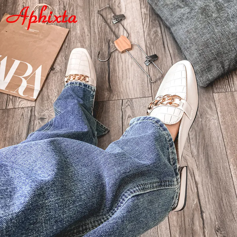 Aphixta 2025 New Chain Mules Women Slides Square Toe Ladies Striped Shoes Summer Fashion Footwear Plus Big Size 43 Slippers