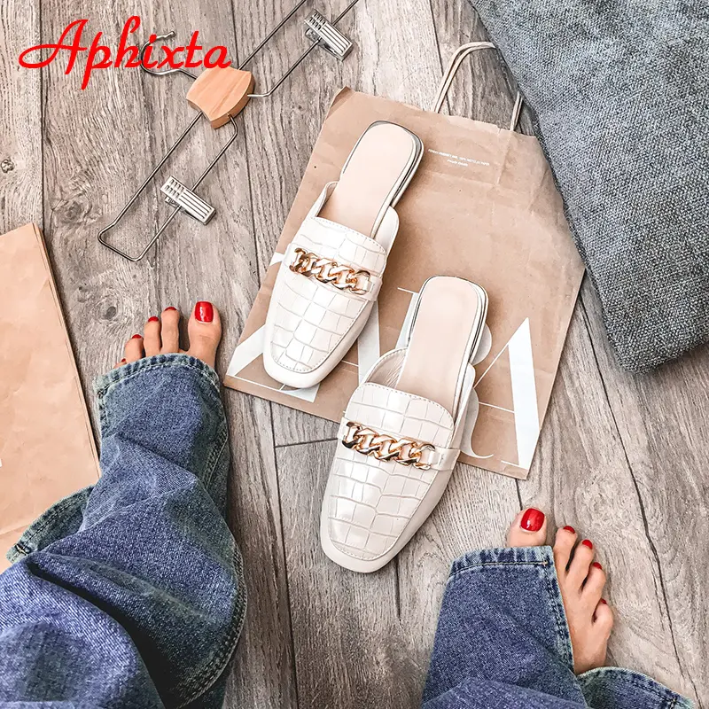 Aphixta 2025 New Chain Mules Women Slides Square Toe Ladies Striped Shoes Summer Fashion Footwear Plus Big Size 43 Slippers
