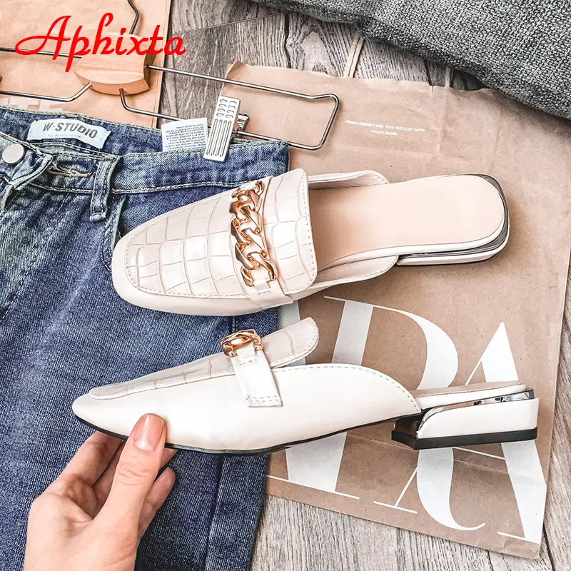 Aphixta 2025 New Chain Mules Women Slides Square Toe Ladies Striped Shoes Summer Fashion Footwear Plus Big Size 43 Slippers