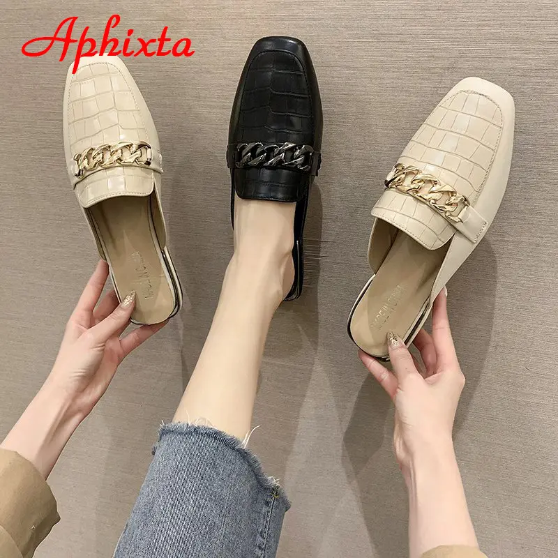 Aphixta 2025 New Chain Mules Women Slides Square Toe Ladies Striped Shoes Summer Fashion Footwear Plus Big Size 43 Slippers